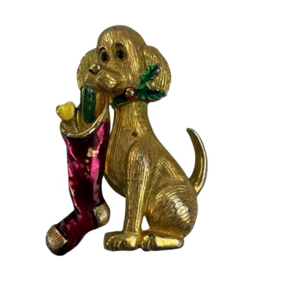 Vintage Gerry’s Christmas Dog with Stocking Brooch Pin Enamel Holiday Gold Tone - Picture 1 of 8